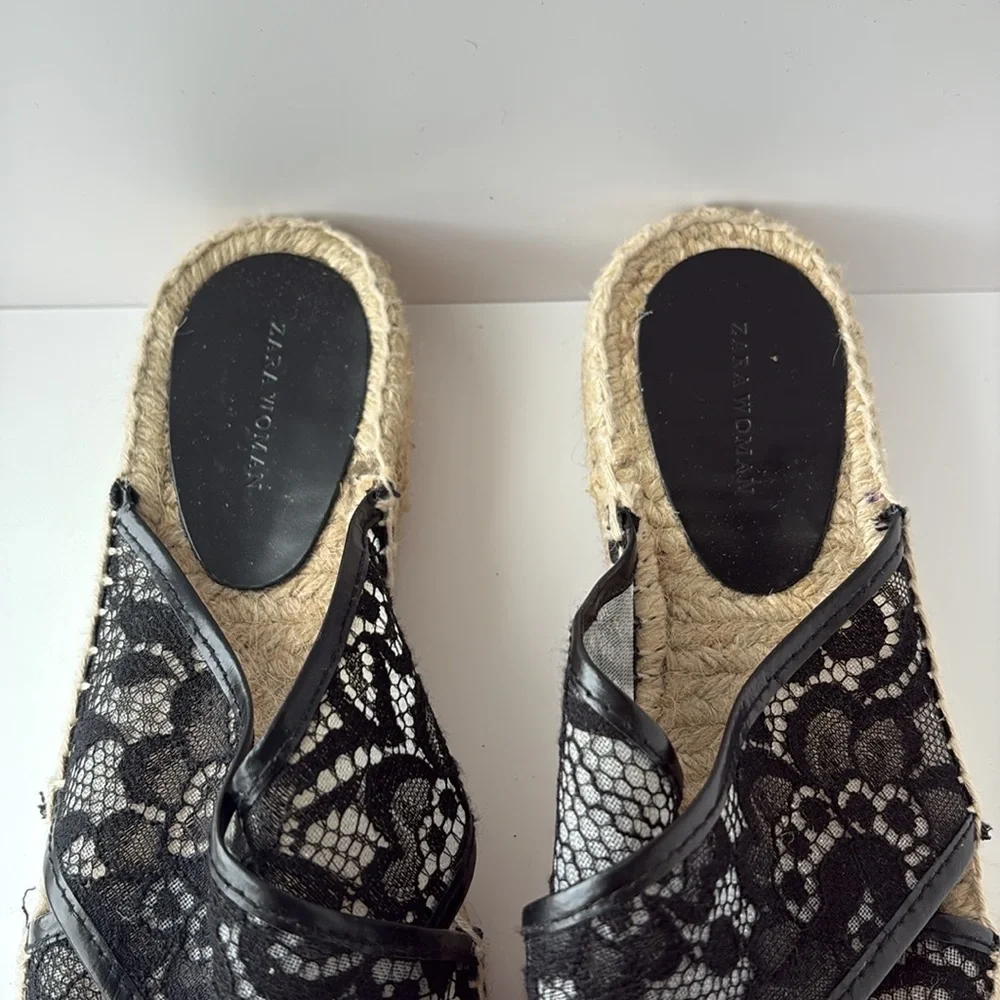 Zara Black Lace Crisscross Espadrille Woven Jute Platform Slide Sandals